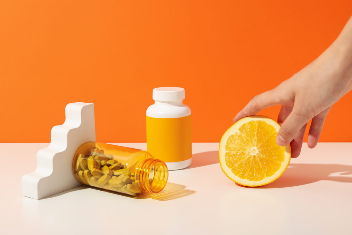 Vitamin C Biosupplement Bottle Light Background