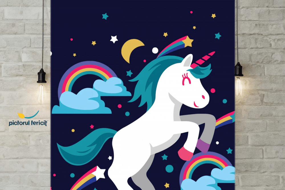 Pictura Pe Numere Cu Unicorn Cu Fundal De Stele Si Curcubeu La Unperete De Caramida Bej Si Becuri Suspendate Pictorul Fericit