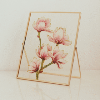 Pictură pe vitraliu cu magnolie, lucrată manual, ideală pentru decor elegant și cadou deosebit.